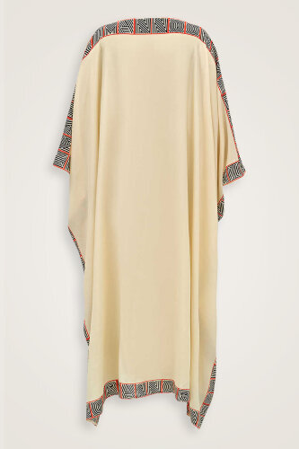 Monogram Bordür Krem Uzun İpek Kaftan - 2