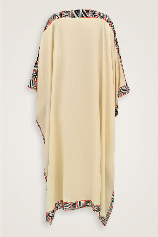 Monogram Bordür Krem Uzun İpek Kaftan - 2
