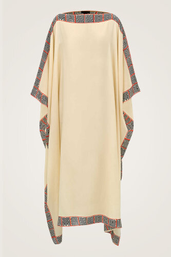 Monogram Bordür Krem Uzun İpek Kaftan - 1