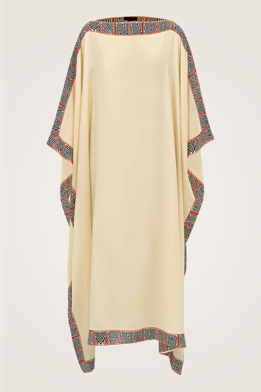 Monogram Bordür Krem Uzun İpek Kaftan - 1