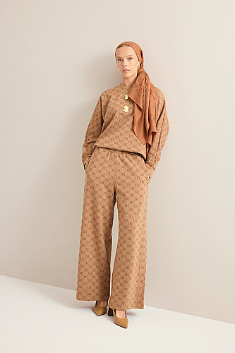 Monogram Jacquard Light Brown Knit Pants - Imannoor