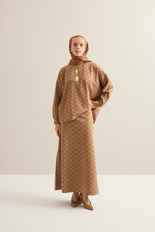 Monogram Jacquard Light Brown Knit Skirt - 3