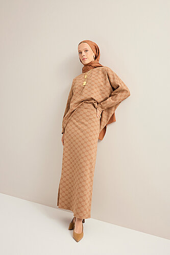 Monogram Jacquard Light Brown Knit Skirt - Imannoor