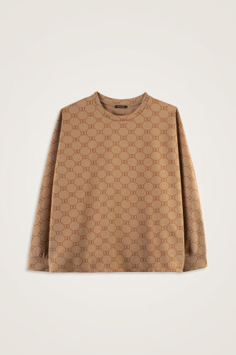 Monogram Jakar Açık Kahverengi Örme Bluz - Imannoor