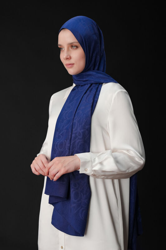 Monogram Navy Blue Shiny Jacquard Shawl - 5