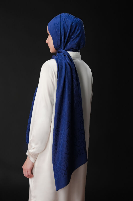 Monogram Navy Blue Shiny Jacquard Shawl - 6