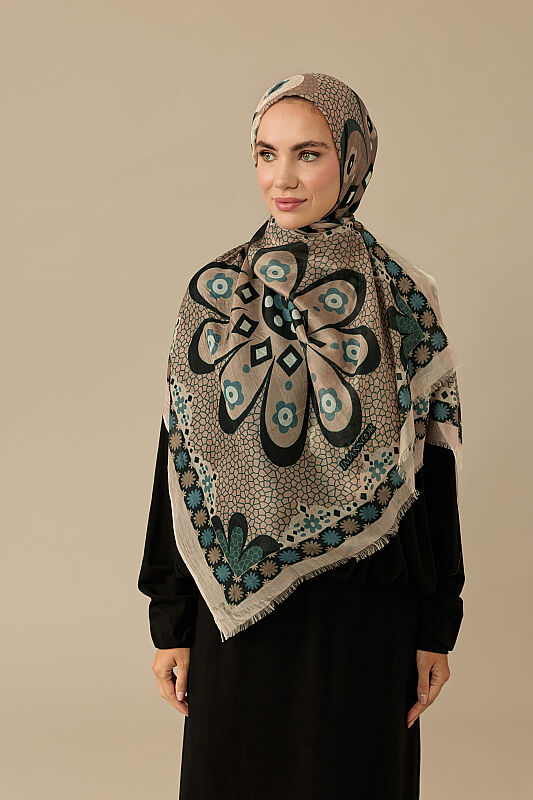 Mosaic Daisy Beige Silk Voile Scarf - 6