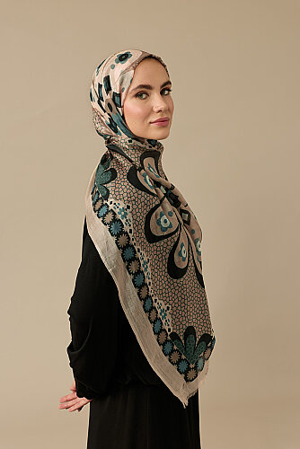Mosaic Daisy Beige Silk Voile Scarf - 5