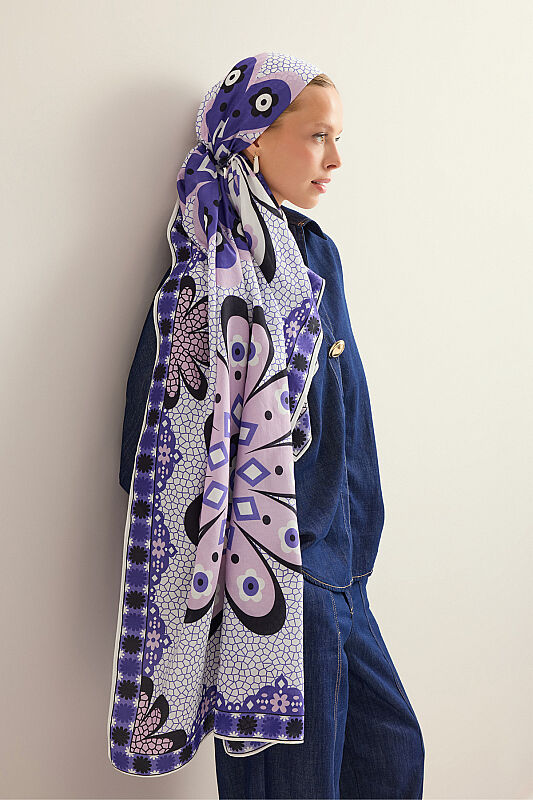 Mosaic Daisy Blue-Powder Cotton Floss Scarf - 1