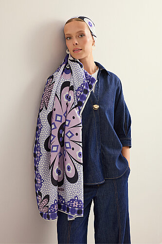 Mosaic Daisy Blue-Powder Cotton Floss Scarf - 5