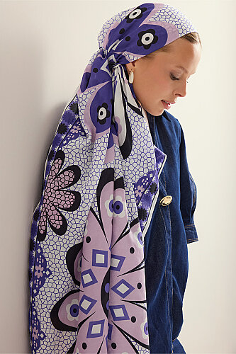 Mosaic Daisy Blue-Powder Cotton Floss Scarf - 3