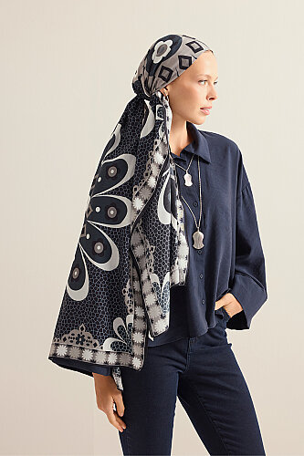 Mosaic Daisy Navy Blue Cotton Floss Scarf - 5