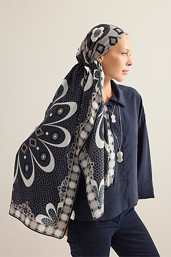 Mosaic Daisy Navy Blue Cotton Floss Scarf - 6