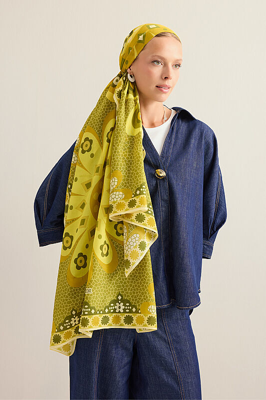 Mosaic Daisy Yellow Cotton Floss Scarf - 3