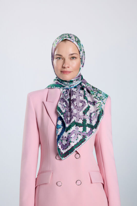 Mosaic Pool Pink-Turquoise Double-Sided Twill Silk Scarf - 5