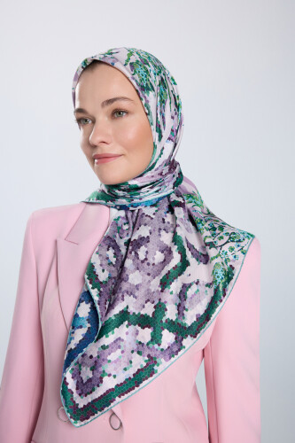 Mosaic Pool Pink-Turquoise Double-Sided Twill Silk Scarf 