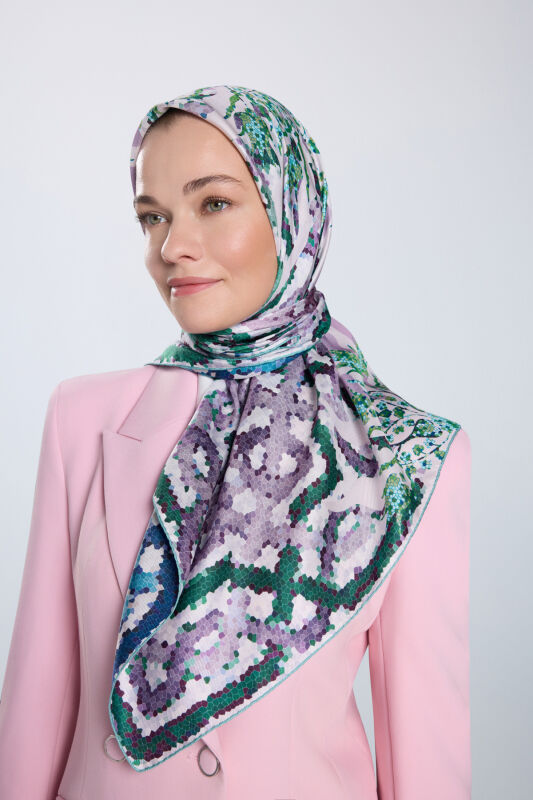 Mosaic Pool Pink-Turquoise Double-Sided Twill Silk Scarf - 1