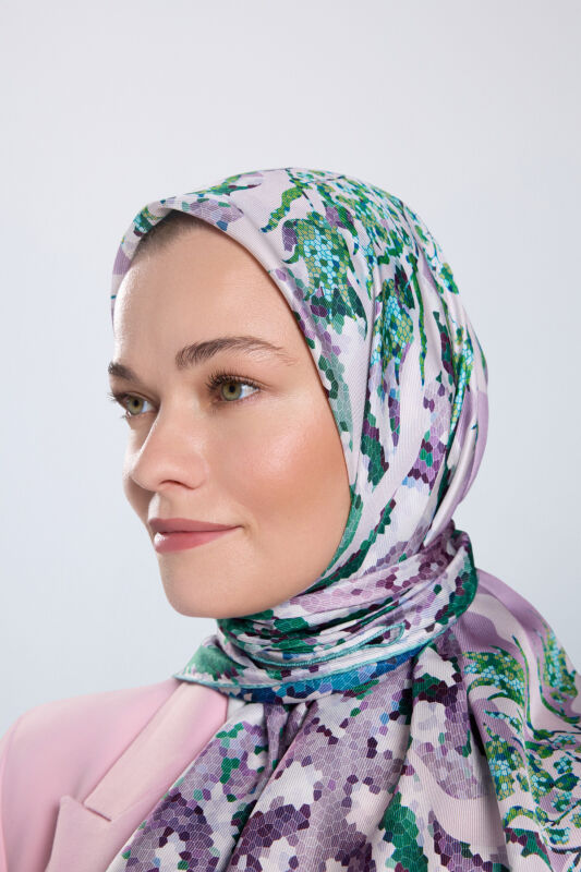 Mosaic Pool Pink-Turquoise Double-Sided Twill Silk Scarf - 3