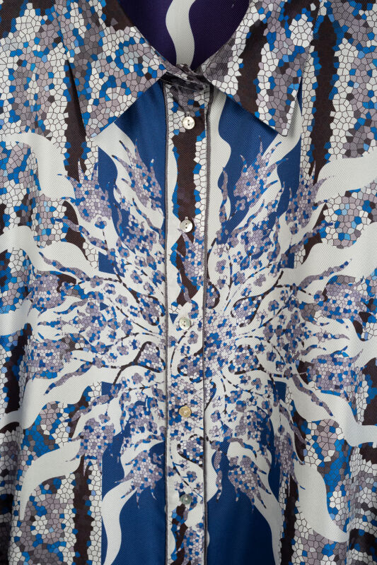 Mosaic Pool Purple-Navy Blue Twill Silk Shirt - 2