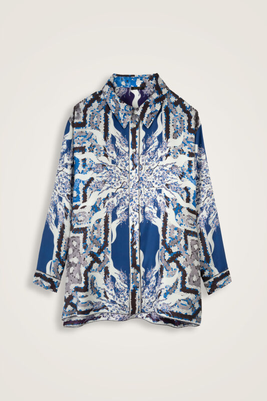 Mosaic Pool Purple-Navy Blue Twill Silk Shirt - 1