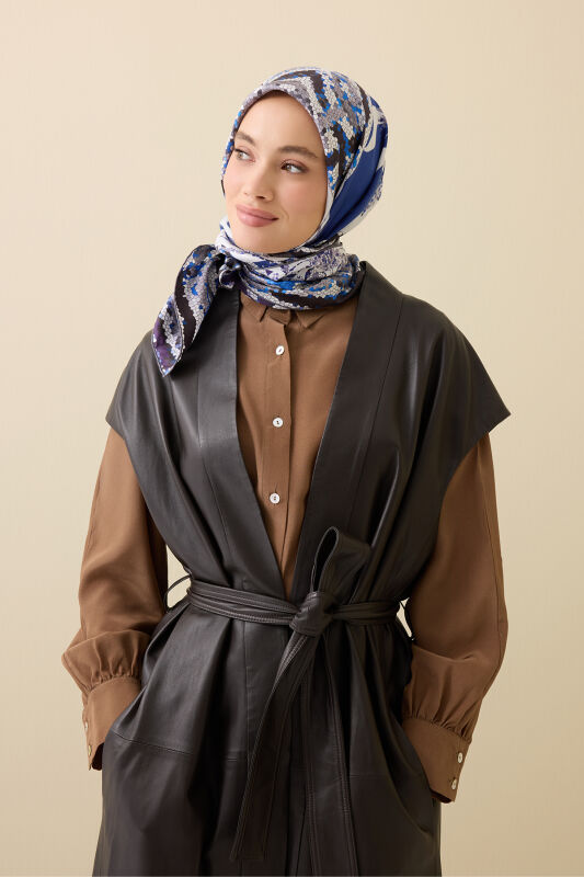 Mosaic Pool Purple-Navy Double-Sided Twill Silk Scarf - 3