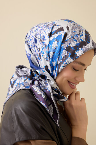 Mosaic Pool Purple-Navy Double-Sided Twill Silk Scarf - 1