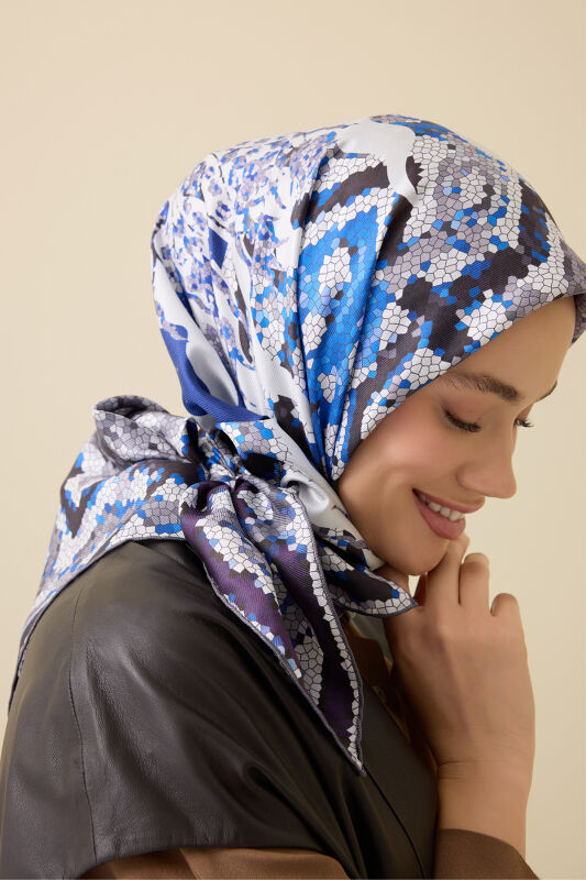 Mosaic Pool Purple-Navy Double-Sided Twill Silk Scarf - 1