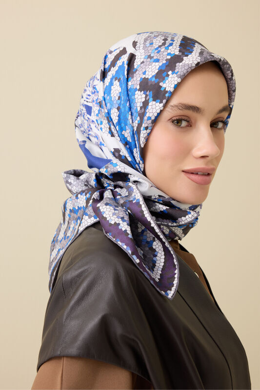 Mosaic Pool Purple-Navy Double-Sided Twill Silk Scarf - 5