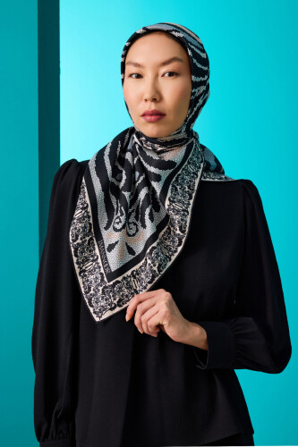 Mosaic Tulip Silk Scarf Black 