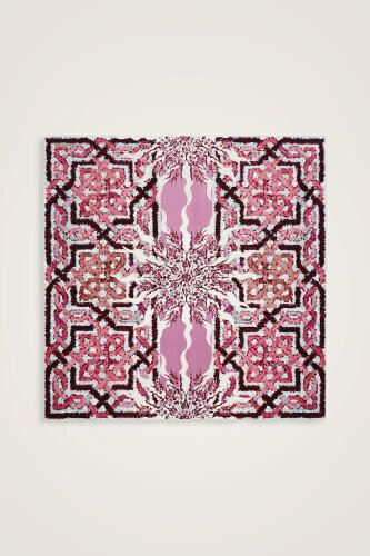 Mozaik Havuz Pembe-Yeşil Çift Taraflı Tivil İpek Eşarp 90x90 - Imannoor (2)