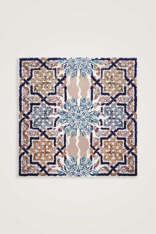 Mozaik Havuz Pembe-Yeşil Çift Taraflı Tivil İpek Eşarp 90x90 - 3