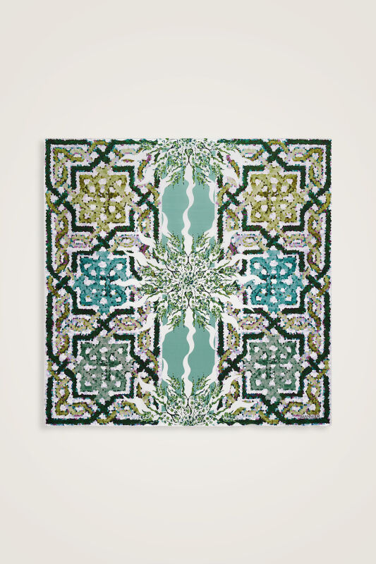 Mozaik Havuz Turuncu-Yeşil Çift Taraflı Tivil İpek Eşarp 90x90 - 2