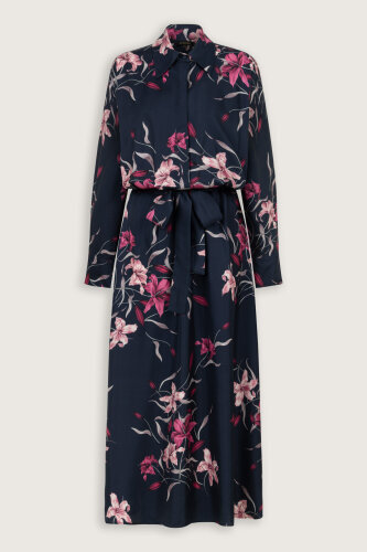 Navy Blue-Fuchsia Silk Dress with Lily Waist Detail - 2