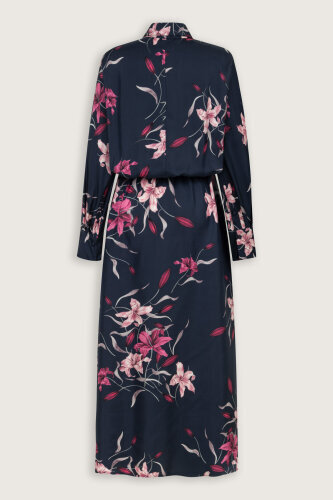 Navy Blue-Fuchsia Silk Dress with Lily Waist Detail - 4