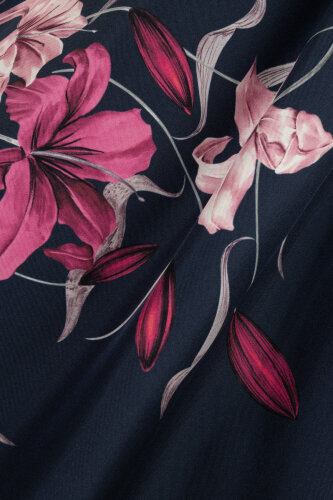 Navy Blue-Fuchsia Silk Dress with Lily Waist Detail - 7