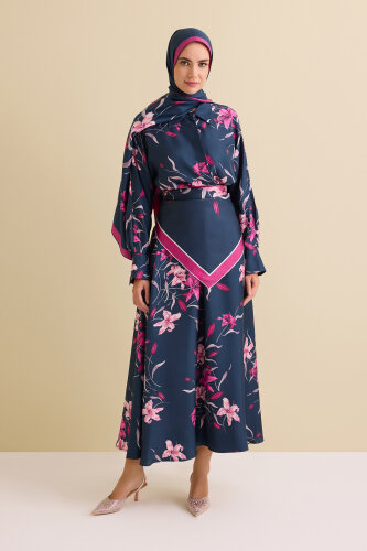 Navy Blue-Fuchsia Silk Dress with Lily Waist Detail - 5