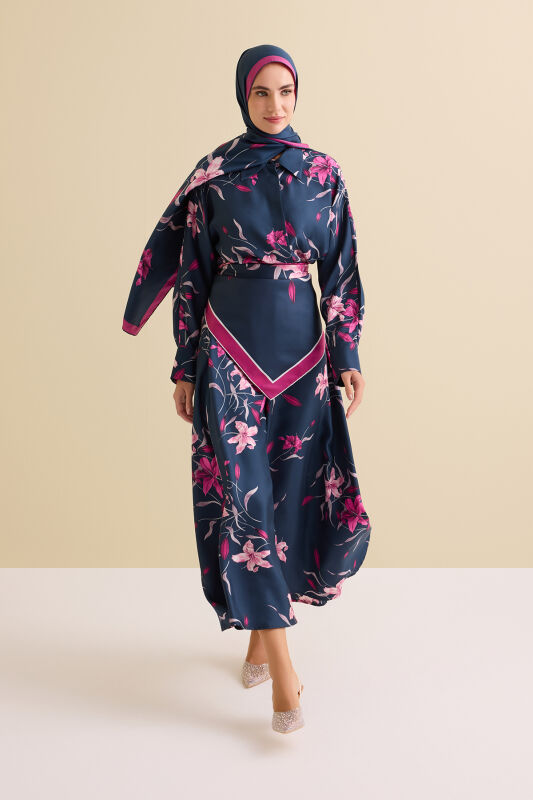 Navy Blue-Fuchsia Silk Dress with Lily Waist Detail - 1