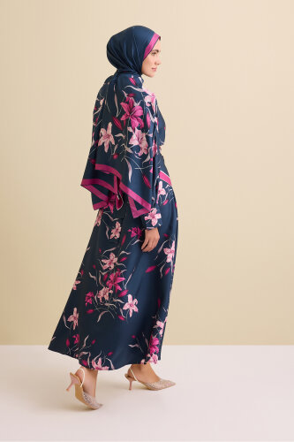 Navy Blue-Fuchsia Silk Dress with Lily Waist Detail - 6