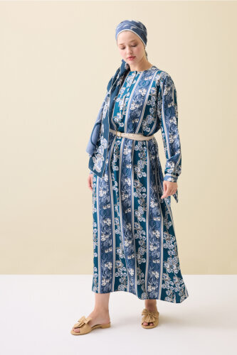 Navy Blue Plaid Silk Dress with Swing Cuff Detail - Imannoor (3)