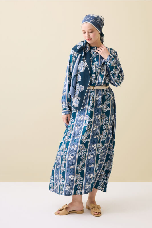 Navy Blue Plaid Silk Dress with Swing Cuff Detail - 1