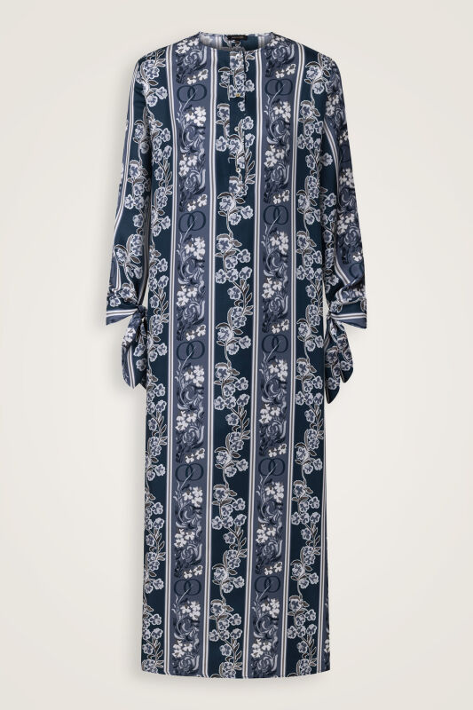 Navy Blue Plaid Silk Dress with Swing Cuff Detail - 2