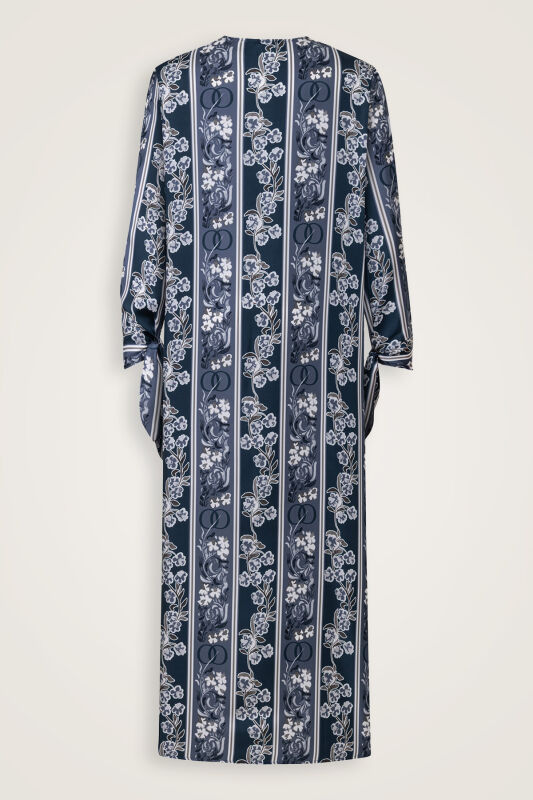 Navy Blue Plaid Silk Dress with Swing Cuff Detail - 4