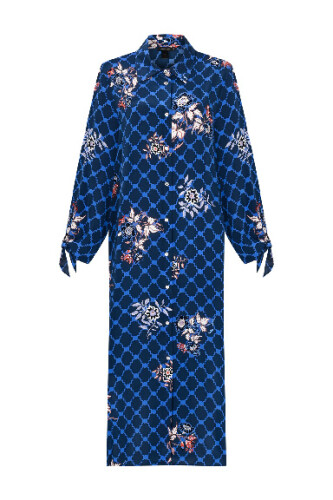 Navy Blue Silk Shirt Dress with Fringed Sleeve Detail - 2