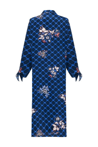 Navy Blue Silk Shirt Dress with Fringed Sleeve Detail - 4