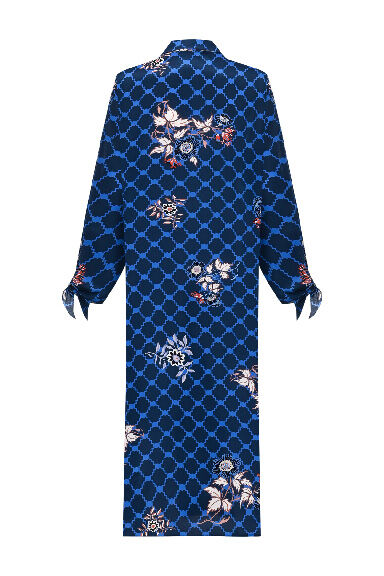 Navy Blue Silk Shirt Dress with Fringed Sleeve Detail - 4