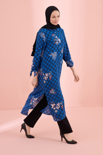 Navy Blue Silk Shirt Dress with Fringed Sleeve Detail - 5