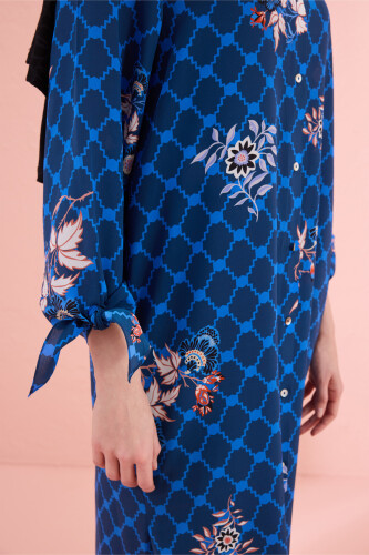 Navy Blue Silk Shirt Dress with Fringed Sleeve Detail - 3