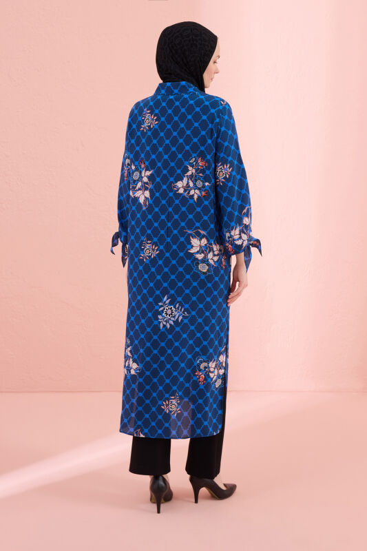 Navy Blue Silk Shirt Dress with Fringed Sleeve Detail - 6