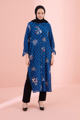 Navy Blue Silk Shirt Dress with Fringed Sleeve Detail 