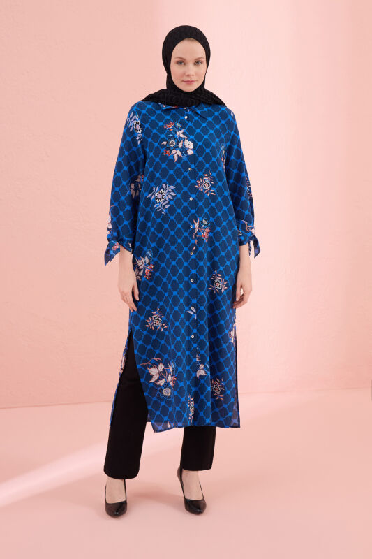 Navy Blue Silk Shirt Dress with Fringed Sleeve Detail - 1